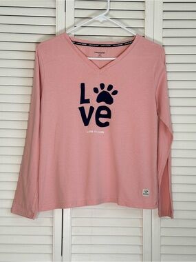 Life Is Good V-Neck Sleep Shirt Womens Long Sleeve Pink Love Paw Graphic Size M